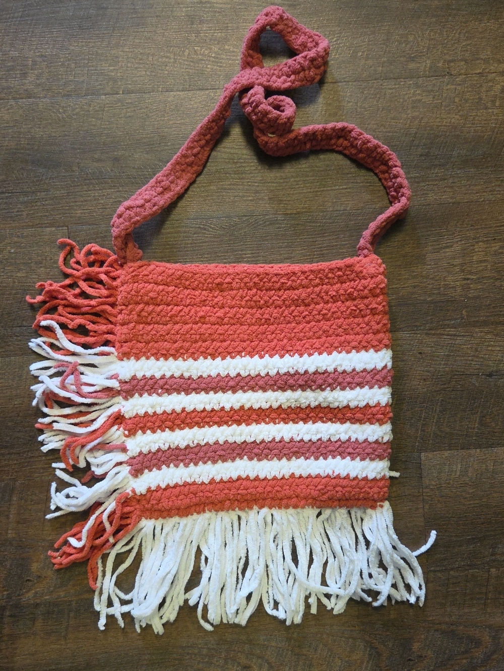 Handwoven Coral and White Stripe Fringe Crossbody Bag